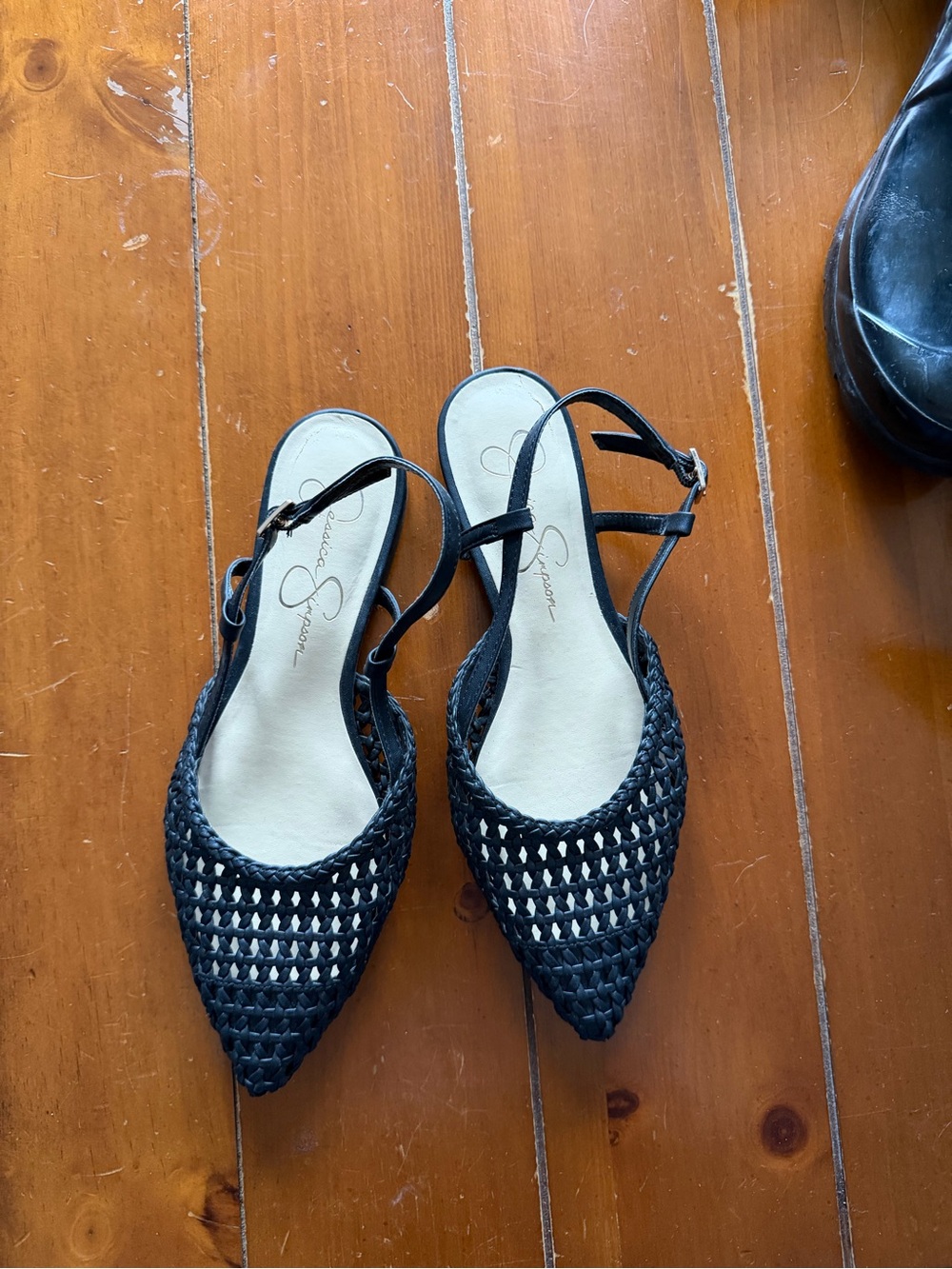 Jessica Simpson Black Woven Pointed Slingback Mules